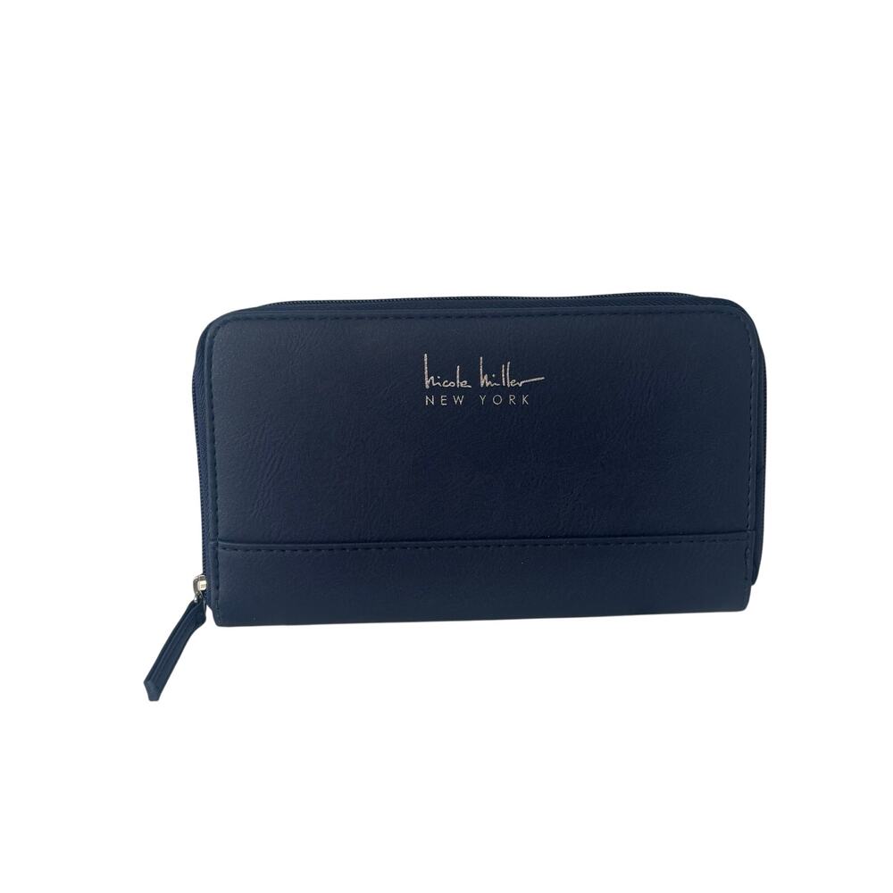 Nicole Miller New York Navy Zip Around Wallet Faux Leather Accordion